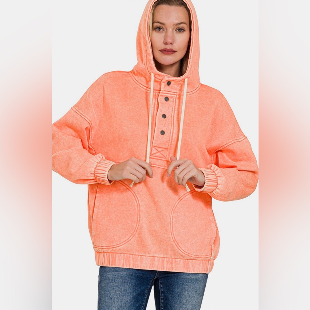 🔥SOLD OUT- Zenana Drawstring Half Snap Dropped Shoulder Hoodie